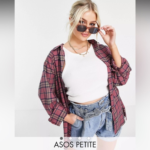 ASOS DESIGN Petite long sleeve boyfriend shirt in dark red and navy check - Picture 3 of 14